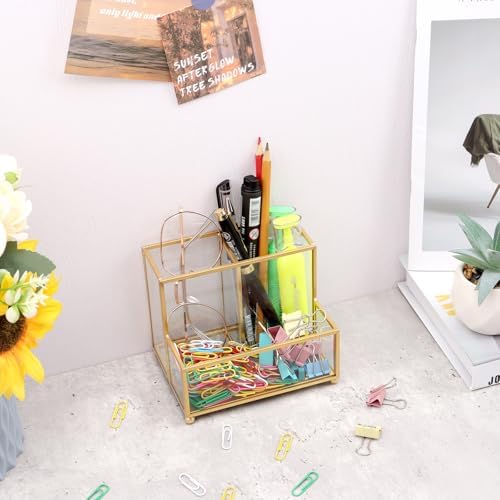 Glass Pen Holder for Desk,Gold Pencil Holder with 3 Compartments,Small Desk Organizer for Pens/Pencils/Sticky Notes,Stylish Clear Pen Organizer for Home Office Desk - Image 6