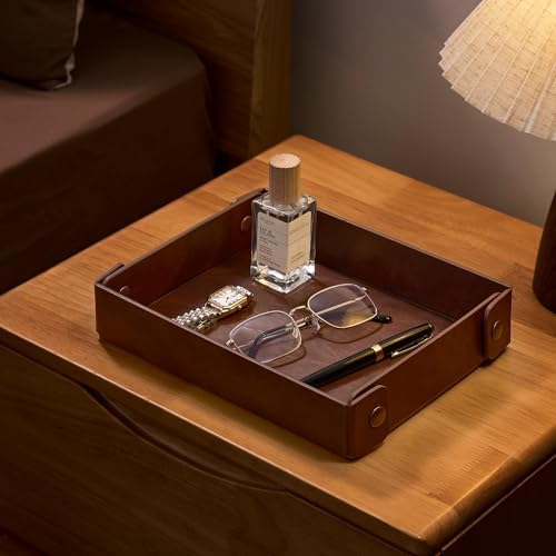 Valet Tray Organizer, Faux Leather Key Storage Tray, Catch All | Brown - Image 2