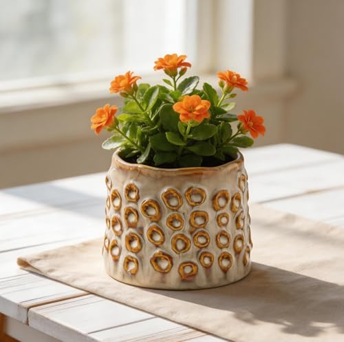 Plant Flower Pot, Small Ceramic 4.5" Modern Flower Pots for Home Office Indoor Outdoor Planters, Planter for Orchid Succulent Cactu Floral, Handmade Textured with Irregular Circle without Drainage - Image 6