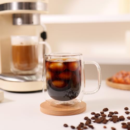 CNGLASS Glass Coffee Mugs 12oz,Double Wall Insulated Mug Set with Handle,Clear Glass Espresso Mugs for Latte,Cappuccino,Tea Bag,Hot and Cold Beverages,Set of 2 - Image 2