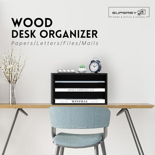 3 Tier Wood Desk Organizer, Mail Sorter and Paper Organizer for Desk, Black - Image 2