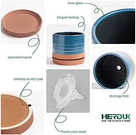 HERDUK 8 Inch Pots for Plants, Ceramic Planter Pot with Drainage Hole & Saucer, Indoor/Outdoor Cylinder Round Planter Pot, Blue & Terracotta - Image 4