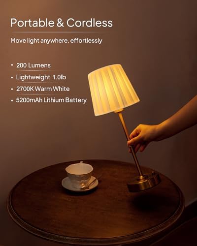 EppieBasic Cordless Table Lamp Rechargeable: Fast Charging & Long Lasting - 2700K Warm Light Small Vintage Gold Lamps -Bedside Dinning Living Room Bedroom - Pleated Shade - Image 5