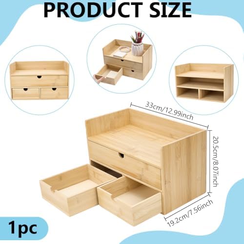 AHANDMAKER Bamboo Desk Organizer, Desktop Drawer Organizer Countertop Storage Box for Home Office Makeup Letter File Storage Organization, No Assembly Required (3 Drawers with Shelf) - Image 2