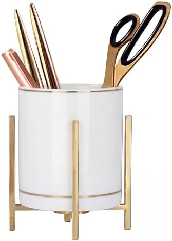 Gold Pen Holder for Desk Aesthetic, Ceramic Pencil Cup with Metal Legs, Makeup Cup for Brushes, Desk Decor for Women Girls by MONOSUGO