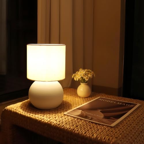 Modern White Small Table Lamp with Cotton Linen Shade, 6.2×6.2×10.4 inch LED Desk Light, One-Button Switch for Bedroom, Living Room, Nightstand, Includes Warm Light Bulb by LAMP