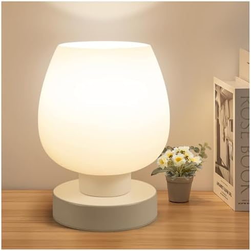 ONEWISH Small Bedside Lamp for Bedroom, 3-Way Dimmable Touch Control, 600 Lumen Bright Opal Glass Shade, 7.5 Inch Ultra Compact Nightstand Lamp, Warm White 2700K LED Bulb Included, Modern Design by onewish