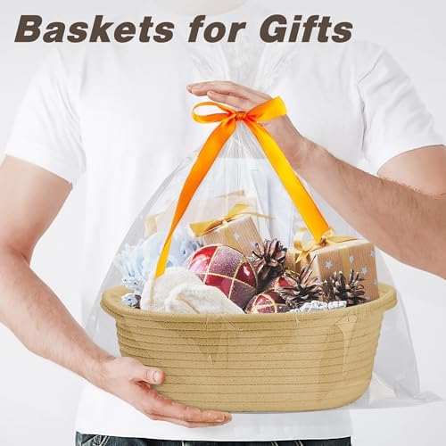 Pro Goleem Small Woven Basket with Gift Bags and Ribbons Durable Baskets for Gifts Empty Small Rope Basket for Storage 12"X 8" X 5" Baby Toy Basket with Handles, Khaki - Image 2