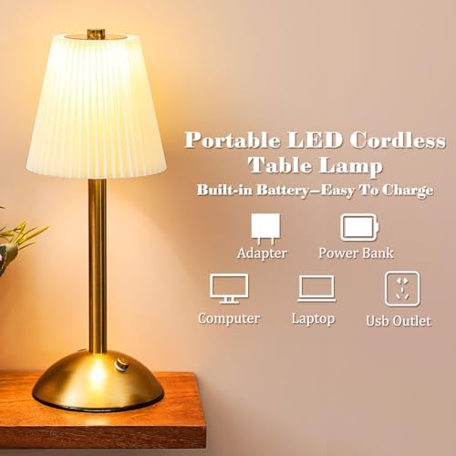 Liliful 4 Pcs Cordless Table Lamp LED Touch, Gold, Beige Cloth Style - Image 3