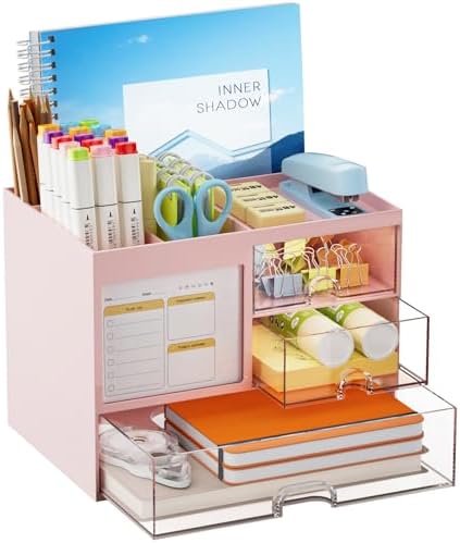 Marbrasse Desk Organizer with 3 Drawer, Multi-Functional Pencil Pen Holder for Desk, Desk Organizers and Accessories with 4 Compartments, Desktop Organizer Storage for Office Home Art Supplies (Pink) by Marbrasse