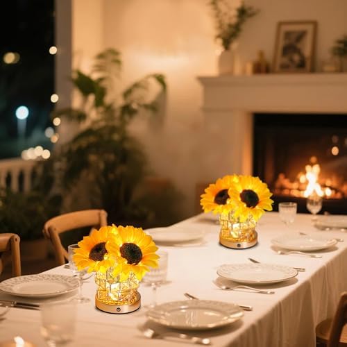 Sunflower Flower Lamp Gifts for Women, 3 Color Dimming Night Light for Womens Mom Her Daughter Christmas Anniversary Birthday Gifts, Bedroom Coffee Shop Decor Rechargeable Cordless Touch Lamp - Image 2