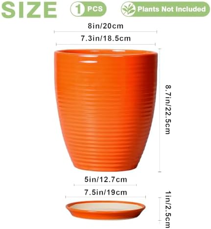 8 Inch Plant Pot, Ceramic Planters for Plants with Drainage and Saucer, Orange - Image 2