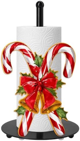 Christmas Candy Cane Paper Towel Holder, Farmhouse Xmas Kitchen Countertop Decor, Golden Bell Red Bow Holly Paper Towel Roll Stand, Christmas Housewarming Birthday Gift for Women Mom by Taesun