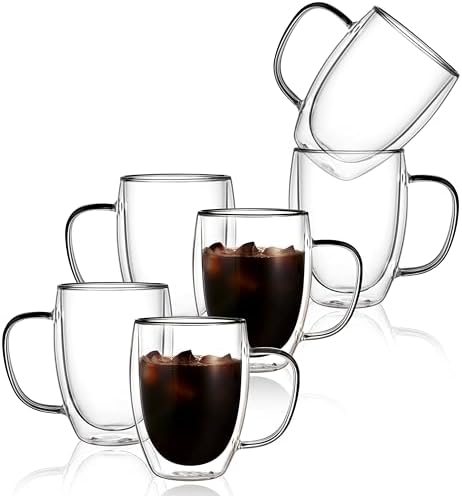 CNGLASS 6 Pack Double Walled Glass Coffee Mugs，12oz Clear Coffee Cups with Handle，Insulated Glass Espresso Mugs for Latte,Cappuccino,Tea by CNGLASS