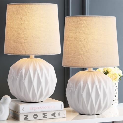Somniferous Ceramic Bedroom Table Lamps Set of 2, Small Bedside Lamp, White Lamp with Linen Shade, Mid Century Modern Nightstand Lamp for Bedroom Living Room Office, 7W LED Bulb Included by Somniferous