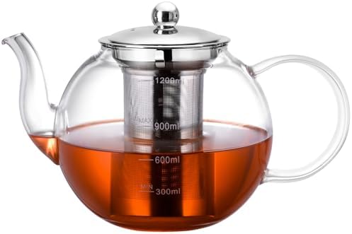 Glass Teapot, Zpose 40oz/1200ml Tea Pot with Removable Stainless Steel Infuser, Clear Glass Tea Kettle with Scale Line, Stovetop Safe Teapot for Blooming Tea & Loose Leaf Tea, Gift Box for Tea Maker by zpose