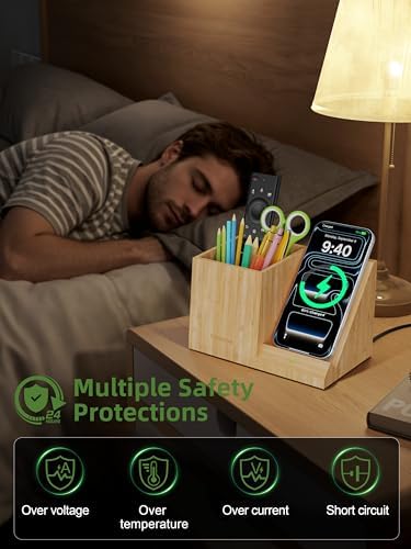 Bamboo Pen Holder for Desk with Wireless Charger, Desktop Organizer - Image 5