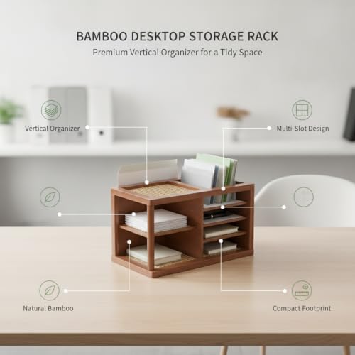 Natural Bamboo Desktop Organizer Rack, Vertical File & Mail Sorter for Office Desk or Kitchen Counter, Sturdy Open Shelf Storage (Brown) - Image 4