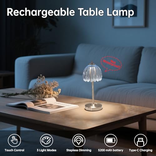 Shenmoyl Rechargeable Table Lamp with 5200mAh Battery & Touch Control - 3 Adjustable Color Temperatures, Cordless Dimmable Table Light for Bedroom, Office Desk, Nightstand(Clear Light Blue,1 Pack) - Image 2
