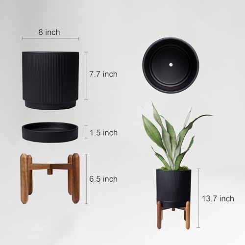 HERDUK 8 Inch Ceramic Planter with Natural Wood Stand w/Drainage & Saucer - Modern Indoor Planter for Cacti, Snake Plants & Aloe Vera Black - Image 2