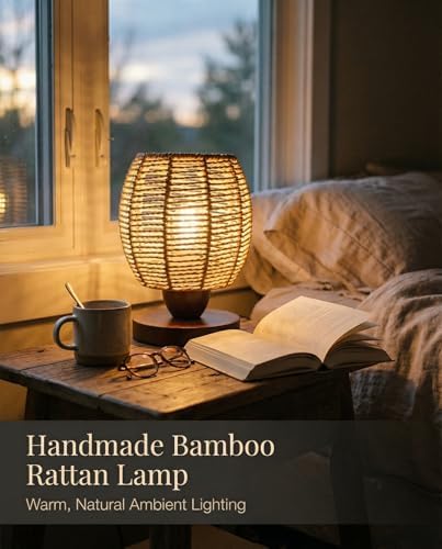 Rattan Table Lamp,Boho Small Beside Lamp,Farmhouse Table Lamp for Room Decor,Vintage Wicker Wooden Nightstand Bamboo Woven End Table Lamps for Bedroom Living Room Desk Kids Room,LED Bulb Included - Image 2