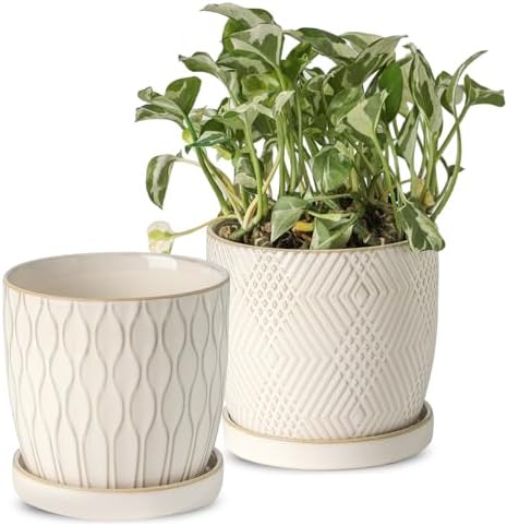 Nihow Ceramic Plant Pots with Drainage Hole & Saucer, 4.75 Inch, White-3 by Nihow