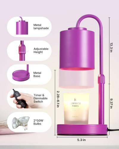 CASTLELIFE Dimmable Candle Warmer Lamp with Timer, Height Adjustable Candle Warmer for Jar Candles, Electric Wax Melt Warmer for Home Decor House Warming Gifts, Birthday Gifts for Women,Purple - Image 2
