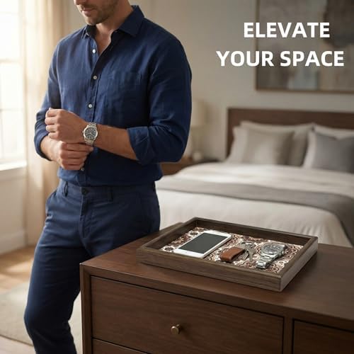 Wooden Valet Tray with Leather Base - Nightstand Catchall Organizer for Cologne, Perfume, Keys, Wallet, Phone, Watch, Jewelry & Sunglasses (Bohemian) - Image 4