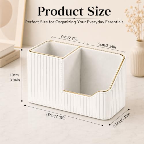 KINGFOM Luxury PU Leather Desk Organizer for Office Accessories, Aesthetic Pen Holder for Desk, Modern Desktop Storage Organizer for Home Office Supplies Cream White with Gold Trim - Image 2