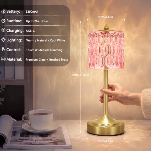 Cordless Table Lamp, 5200mAh Rechargeable Pink Glass Touch Lamp - Image 4