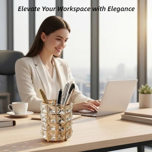 YAGELI Crystal Pen Holder for Desk, 3.58" Gold/Silver Pencil Cup - Image 2