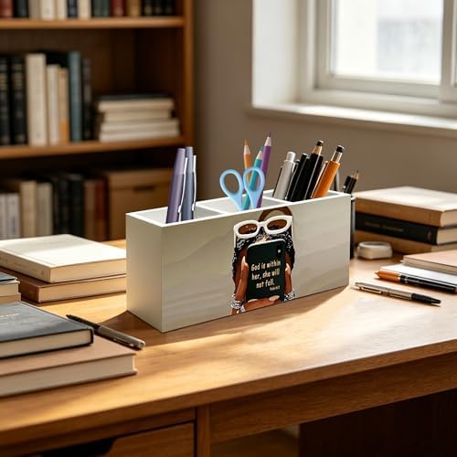 Inspirational Christian Black Girl Woman Makeup Brush Toothbrush Holder, African American Gifts, God is Within Her Bible Verse Wood Signs Pen Pencil Holder Organizer Desk Accessories - Image 4