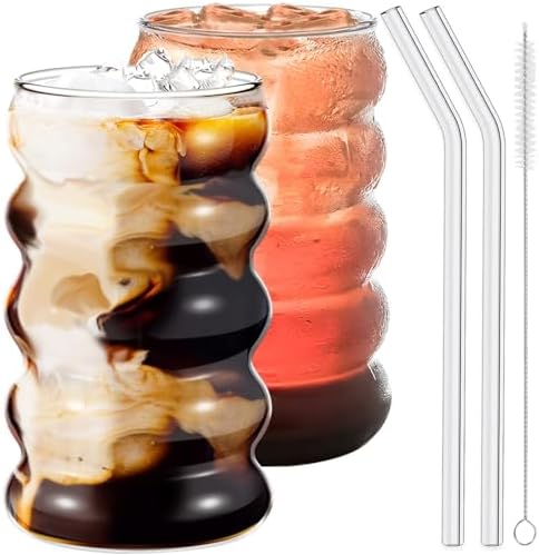 Ework4U 2 Pcs Drinking Glasses with Glass Straws, 20oz Iced Coffee, Milk Tea, Fruit Smoothie Glasses - Ideal for Water, Soda, Tea - Gift Set with Cleaning Brush by Ework4U