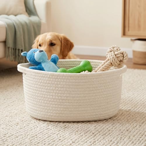 Small Cotton Rope Basket - White Woven Storage Basket with Handles, Desktop Organizer for Keys, Remotes, Makeup, Soft Decorative Bin for Bathroom, Office Shelf (White) - Image 6