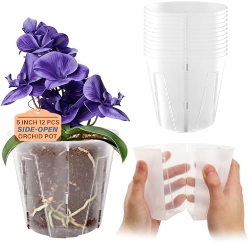 Bluepro 5 Inch Side-Open Orchid Pots 12 Pack, Plastic Nursery Planters with Detachable Side Walls for Easy Repotting, Breathable Slotted Flower Pots with Drainage for Root Health by Bluepro