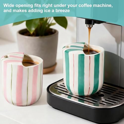 Ceramic Coffee Mug with Sip Hole 10oz Aesthetic Espresso Cup with Hand Painted Striped Coffee Mug for Kitchen Dining Travel (Pink&Green, 2Pack) - Image 4