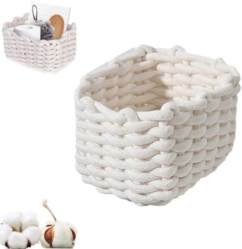 Woven Storage Bin,Cotton Rope Basket for Organizing,Empty Gift Basket,Mini Woven Basket for Organizing Books,Plants,Pet Treats, Decor for Living Room, Bedroom (White) by HFLWYWD