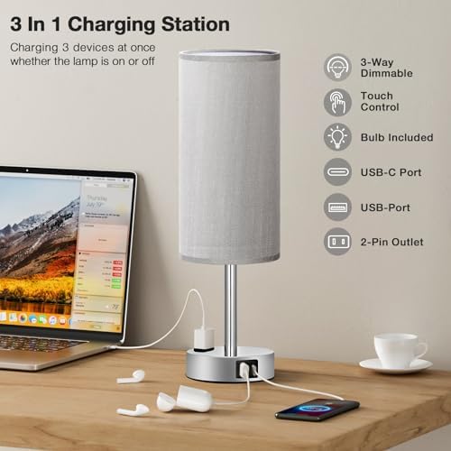Fenmzee Grey Bedside Lamp for Bedroom, Dimmable Touch, USB A+C, AC Outlet - Image 3