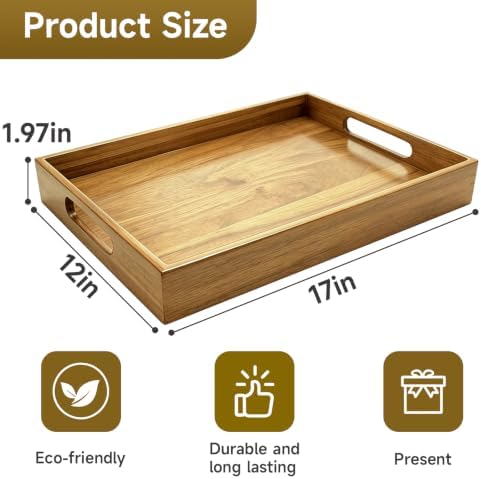 17 x 12 Inch Acacia Wood Large Serving Tray with Handles - Image 3