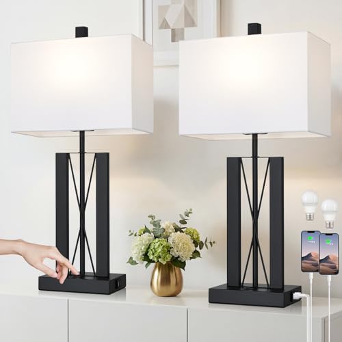 Lolikit 25" Table Lamps for Living Room Set of 2, Modern Table Lamp with 2 USB Charging Ports, Nightstand Geometric Bedside Lamp with White Shade for Bedroom End Table Desk Office(2 LED Bulb Included) - Image 6