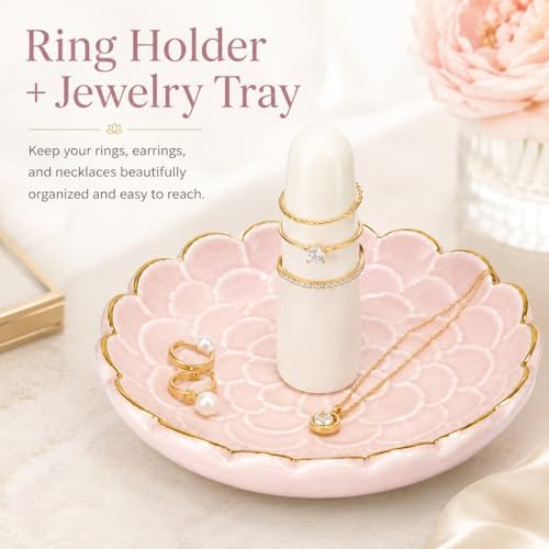 Ceramic Ring Dish Jewelry Tray, Pink Lotus Flower Jewelry Holder with Gold Rim, Decorative Ring Holder for Earrings, Necklace, Bracelet, Vanity, Nightstand, Dresser, Bathroom Counter - Image 2