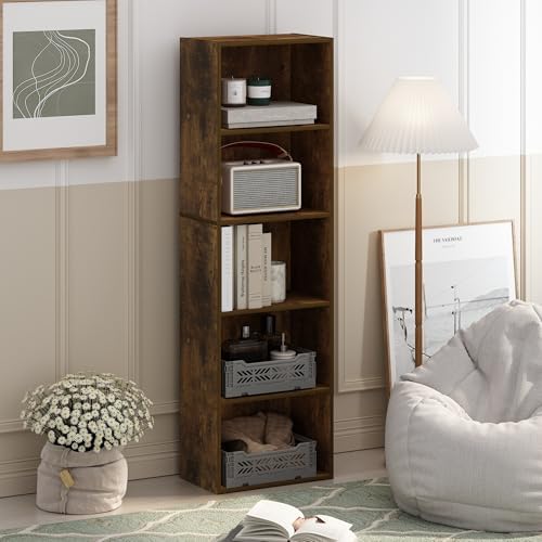 Furinno LUDER Book Shelf, 5-Tier Bookshelf, Bookcase with Open Shelves, 9.4 x 15.8 x 52, Easy Assembly, for Living Room, Bedroom, Home Office, Amber Pine - Image 2