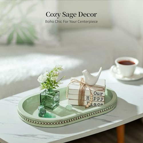 Hanobe 15" Sage Green Decorative Trays for Coffee Table Decor, Beaded Edge - Image 4