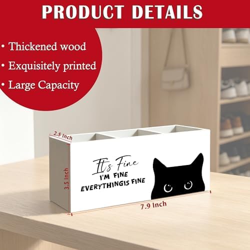 Funny Sarcastic Black Cat Pen Pencil Holder Organizer for Office Desk Accessories, Funny Office Gifts for Coworkers, It's Fine I'm Fine Everything Is Fine Wood Signs for Desk Tabletop Decor - Image 6