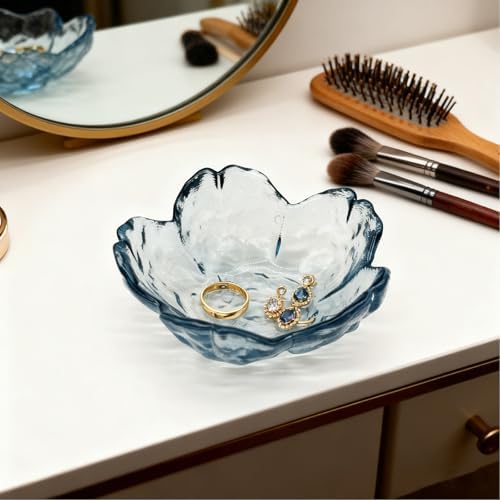 Flower Ring Dish Jewelry Tray, Glass Jewelry Dish Tray, Aesthetic Room Decor Small Trinket Dish, Nightstand Jewlery Ring Holder Dish, Bathroom Jewelry Plate Bowl for Rings Earrings Wife Gift (Blue) - Image 5