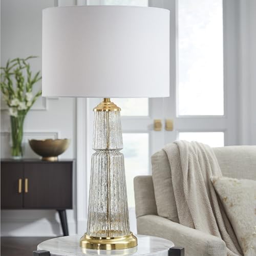 Signature Design by Ashley Bakersboro Tall Glass Table Lamp, 3-Way Rotary Switch, Fluted Glass with Goldtone Flecks and Fabric Shade for Living Room End Tables, Clear/Gold Finish, 34 Inches High - Image 2