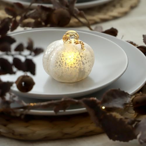 Light Up Glass Pumpkins (Set of 3) - Silver Frosted Crackle LED Pumpkin Decor with Warm White Lights, Battery Operated Fall Centerpiece for Table, Halloween, Thanksgiving & Christmas Decorations - Image 4