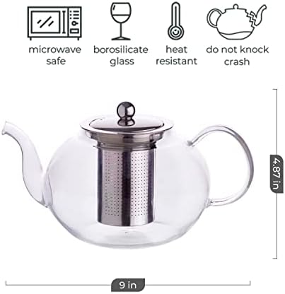 Aserson 1200 ml/40 oz Glass Teapot, Heat Resistant, Stainless Steel Infuser, Handmade, Leaf Tea Brewer, Borosilicate Glass, Stovetop Teapot and Microwave Safe - Image 2