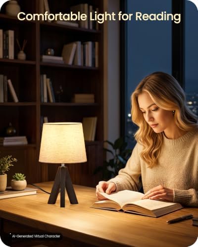 Small Table Lamp for Bedroom, 14.6" Bedside Lamp with Beige Linen Shade & Walnut Wood Tripod Base, Modern Nightstand Lamp for Living Room, Nursery, Entryway, E26 Socket, VE51TL05 - Image 4