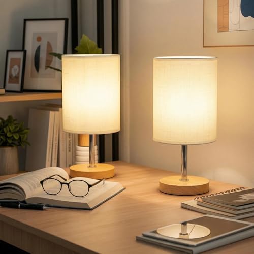Small Table Lamp Set of 2, Bedside Lamp with 3000K Warm LED Bulb Included, Nightstand Lamp for Living Room Office Dorm Kids Room, Easy Assemble Minimalist Cream Shade & Wood Base(5W) by Unknown